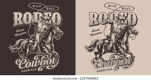 Cowboys rodeo monochrome vintage flyer with man using lasso while horseback chasing animal on hunting or race vector illustration