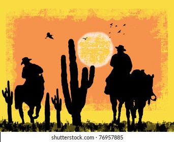 Cowboys silhouette on desert, against a grunge background, vector illustration