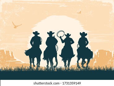 Cowboys silhouette riding horses at sunset landscape. Vintage vector prairie desert with sun and canyon on old paper texture background