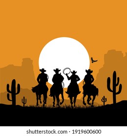 Cowboys silhouette riding horses at sunset desert landscape. Vector prairie desert with sun and sky American Desert landscape silhouette illustration background