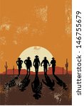 Cowboys walking towards at sunset in grunge style, vector