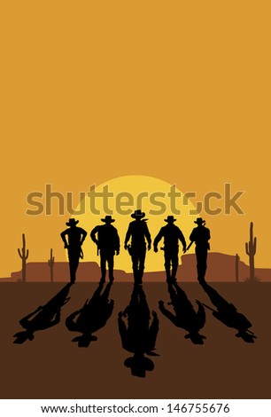 Cowboys walking towards at sunset, vector