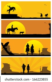 Cowboys and western landscape, vector