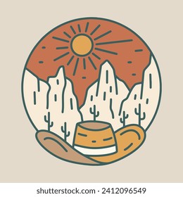 The cowboys and wild desert symbol mono line vector illustration for t shirt bade and sticker