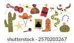 Cowboys Wild West stickers in 90s cartoon style. Gun, cowboy hat, boots. Retro western set of labels for hunters and villains	