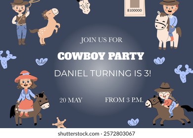 Cowboy-themed birthday invitation design for child's party celebration.