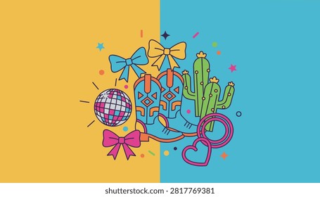 Cowboy-themed retro party graphic elements including boots, cactus, and a disco ball split on a yellow and blue background.