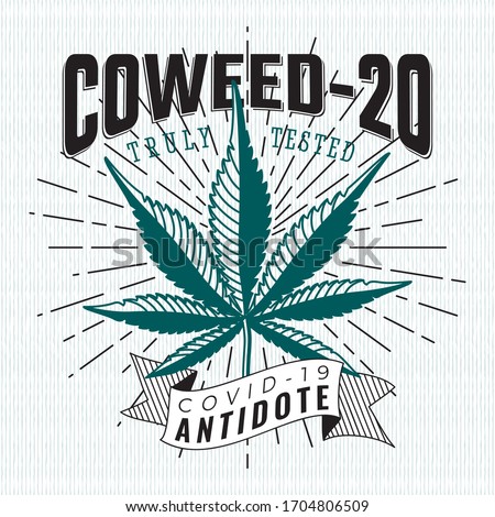 Coweed-20 Comic Concept with Hand Drawn Marijuana or Cannabis Leaf and Logo Lettering Covid-19 Antidot on Ribbon - Black and Turquoise on White Striped Background - Vector Vintage Graphic Design