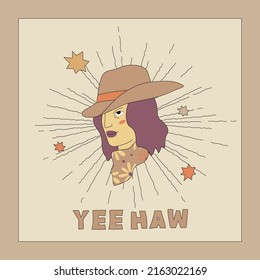 Cowgirl aesthetic vector illustration template. Young woman in cowboy hat and phrase YEE HAW on grey background.