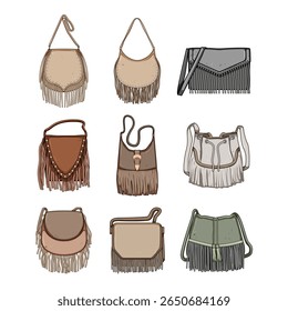 cowgirl saco conjunto desenho animado. vintage boho, camurça de rodeio, embelezado cravejado vaqueira saco sinal. símbolo isolado vetor ilustração