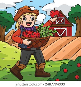 Cowgirl with Basket of Apples and Wheat Colored 