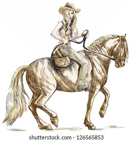Cowgirl. Beauty with long hair riding a horse - hand drawn illustration converted into vector. /// Editable in five layers.