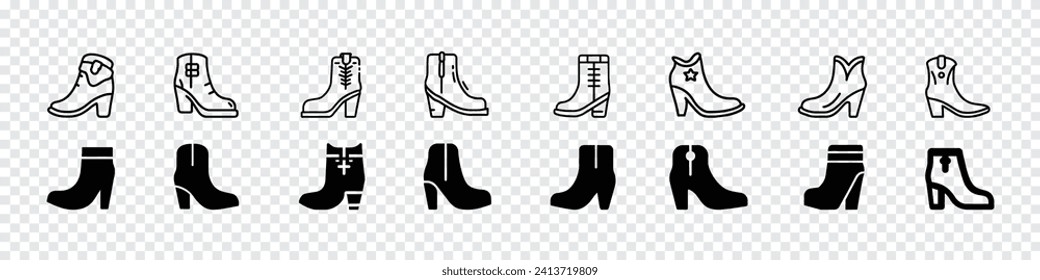  Cowgirl Boot icon, Cowboy boot vector icon, Mexican boots glyph icon. Cowgirls boots icon, A black and white vector silhouette of a cowboy boot