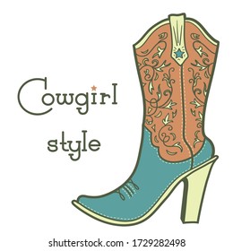 Cowgirl Boot With Romantic Floral Pattern And Text. Vintage Ladies Cowboy Vector High Heels Boot Western Illustration Isolated On White