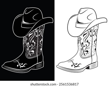 Cowgirl boot and western hat vector illustration. Cowboy boot with floral pattern