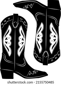 Cowgirl boots black and white monochrome graphic. Cowboy boots stylized hand drawn vector illustration isolated on white background. Wild West concept.