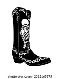 Cowgirl boots black and white monochrome graphic. Cowboy boots decorated with skeleton drawing stylized hand drawn vector illustration isolated on white background. Wild West concept