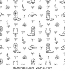 Cowgirl boots with a charming bow, hat and horseshoe seamless pattern. Western coquette aesthetic. Hand drawn line art vector illustration.