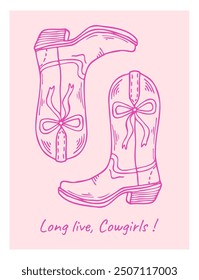 Cowgirl boots with a charming bow. Western poster. Pink coquette aesthetic. Hand drawn pink line art vector illustration.