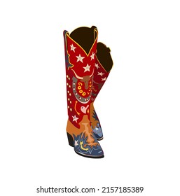 Cowgirl boots embroidered with colorful blue and red decorative elements. Hand drawn vector illustration. Vintage style cowboy boots.