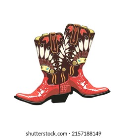Cowgirl boots embroidered with colorful brown and red decorative traditional Wild West elements. Hand drawn vector illustration. Vintage style cowboy boots.
