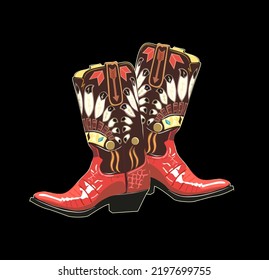 Cowgirl boots embroidered with colorful brown and red decorative traditional Wild West elements. Hand drawn vector illustration. Vintage style cowboy boots.