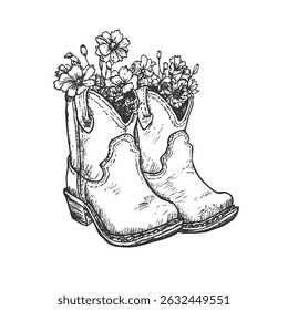 Cowgirl boots with flowers inside. Vintage vector western ink line illustration on white.