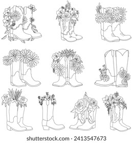 Cowgirl boots with flowers line art. Western Cowboy boots floral illustration.