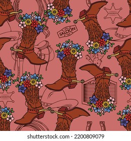 Cowgirl boots with flowers.Pattern, seamless, surface design printing wild west style.