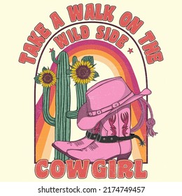 cowgirl boots and hat. Cactus with Sunflower Sunset .T-shirt or poster design of wild side. illustration of Cowgirl boot with western hat vector design. 