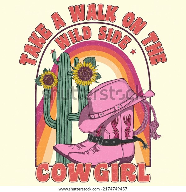 cowgirl boots and hat. Cactus with\
Sunflower Sunset .T-shirt or poster design of wild side.\
illustration of Cowgirl boot with western hat vector design.\
