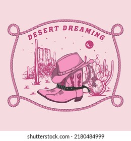 cowgirl boots and hat. Desert Dreaming Mountain with Cactus. T-shirt design of Sunset wild side. illustration of Mountain with Cowgirl boot and western hat vector art design.