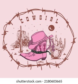 cowgirl boots and hat. Desert  Mountain with Cactus. T-shirt design of Sunset wild side. Cowgirl boot and western hat vector Landscape art design.