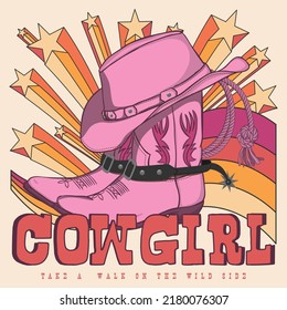 cowgirl boots and hat. Hat with Shooting Stars. T-shirt design of Sunset wild side. illustration of Cowgirl boot with western hat vector art design.