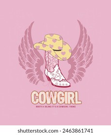 Cowgirl boots and hat Stay Wild. Cactus with wings. illustration of Cowgirl boot with western hat vector design. Retro Boots and Bling Its A Cowgirl Thing.