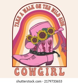 cowgirl boots and hat. Hat with Sunflower Sunset .T-shirt design of wild side. illustration of Cowgirl boot with western hat Sunflower vector art design.