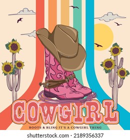 Cowgirl boots and hat at sunset. Cactus with Sunflower Sunset .T-shirt or poster design of wild side. illustration of Cowgirl boot with western hat vector design. vector Illustration of Cactus.