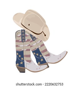 Cowgirl boots and hat. Traditional western embroidered cowboy boots and hat with decoration. Wild west concept. Vector realistic illustration isolated on white background.