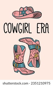 Cowgirl Boots and Hat. T-shirt design of Sunset wild side. illustration of Cowgirl boot with western hat vector design.