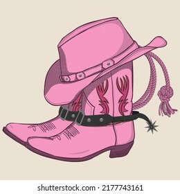 Cowgirl boots and hat. T-shirt or poster design of wild side. illustration of Cowgirl boot with western Hat