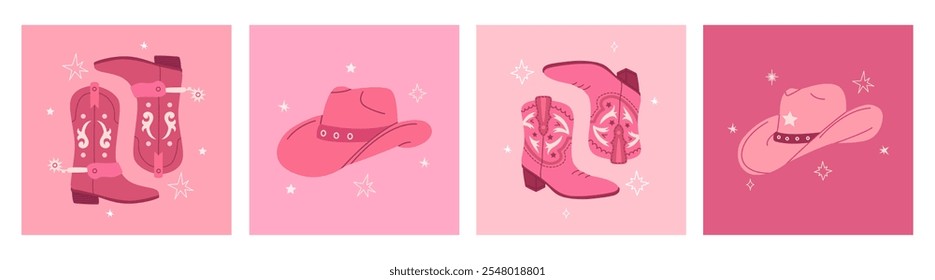 Cowgirl boots and hats set. Fashion shoes with decorative pattern. Cowboy Western and Wild West concept, vector hand drawn illustration