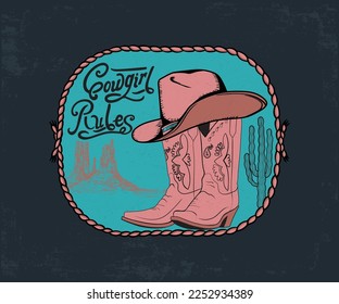 cowgirl boots and hats vector illustration, western cowgirl vintage print design, cowgirl elements vector, cowgirl design with typography 