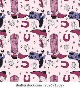 Cowgirl boots and horseshoe Seamless pattern. Cowgirl boots pattern.