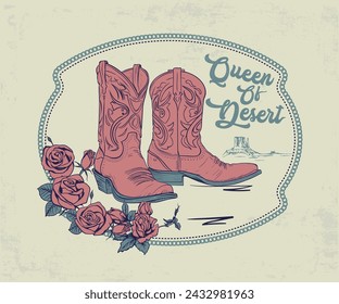 cowgirl boots with rose vector design, western desert cowgirl artwork for t shirt, sticker, graphic print, retro vintage country girl vector art