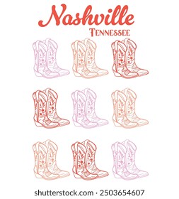 Cowgirl boots set. Flat hand drawn vector illustration. Cowboy Western and Wild West concept with Nashville slogan print design