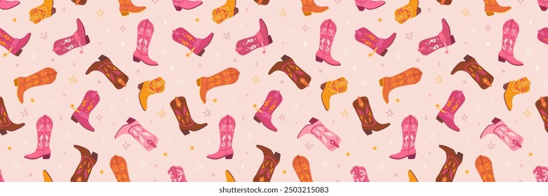 Cowgirl Stiefel Set, nahtloses Muster. Flache handgezeichnete Vektorgrafik. Cowboy Western und Wild West Konzept