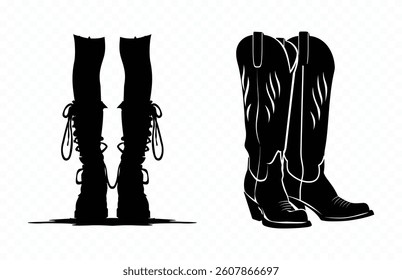 Cowgirl Boots Silhouette Clipart, Cowboy Boot Black Silhouette Vector
