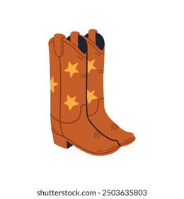 Cowgirl boots with stars print. Western and wild west theme. Hand drawn vector illustration isolated on white background.