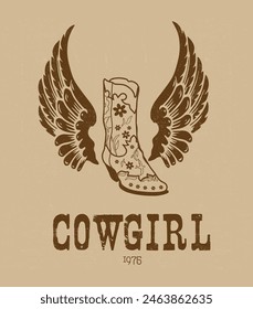 Cowgirl Stiefel Stay Wild.with wings. Illustration von Cowgirl Stiefel Vektorgrafik Design. Retro Stiefel und Bling ist ein Cowgirl Sache.