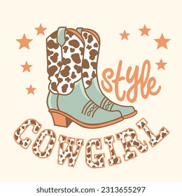 Cowgirl boots style vector illustration. Vector printable cowboy boots with cow pattern and stars decoration for design. Cowboy text background